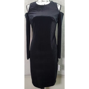 Calvin Klein Sheath Dress Women Small Black Velvet Cold Shoulder Sleeve Back Zip